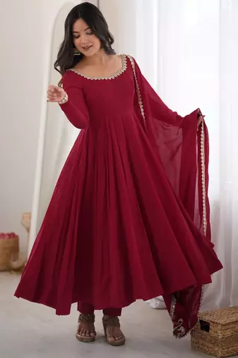 Maroon chanderi silk embroidery party wear anarkali  suit set
