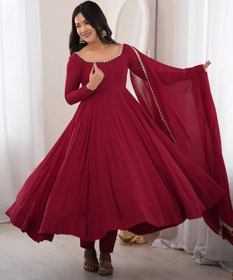 Maroon chanderi silk embroidery party wear anarkali  suit set 2