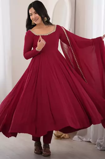 Maroon chanderi silk embroidery party wear anarkali  suit set