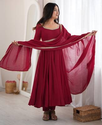 Maroon chanderi silk embroidery party wear anarkali  suit set 4