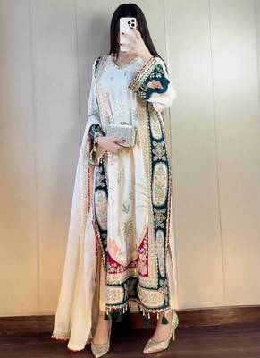white color embroidery sequences work silk blend salwar suit 1