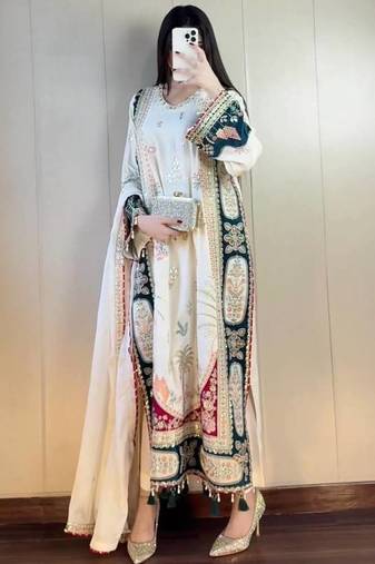 white color embroidery sequences work silk blend salwar suit