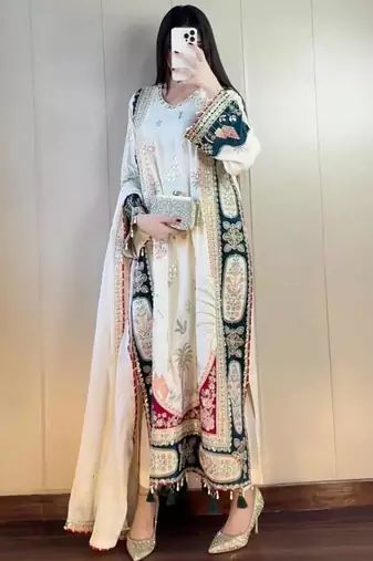 white color embroidery sequences work silk blend salwar suit