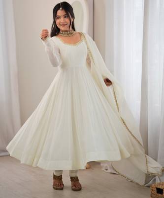 Off white  chanderi silk embroidery party wear anarkali  suit set 1