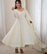 Off white  chanderi silk embroidery party wear anarkali  suit set