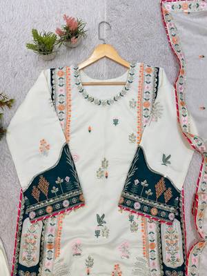 white color embroidery sequences work silk blend salwar suit 5