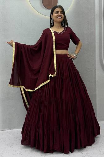 Brown Color Real Handmade Mirror Work Cotton Navratri Lahenga Choli Set