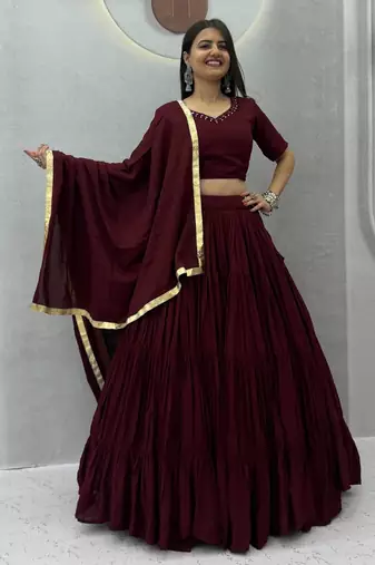 Brown Color Real Handmade Mirror Work Cotton Navratri Lahenga Choli Set
