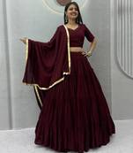 Brown Color Real Handmade Mirror Work Cotton Navratri Lahenga Choli Set