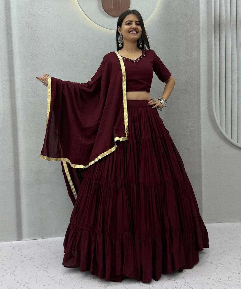 Brown Color Real Handmade Mirror Work Cotton Navratri Lahenga Choli Set