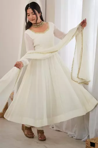 Off white  chanderi silk embroidery party wear anarkali  suit set