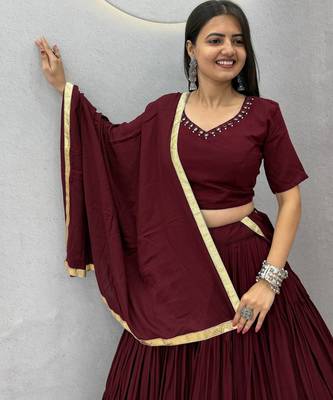 Brown Color Real Handmade Mirror Work Cotton Navratri Lahenga Choli Set 2
