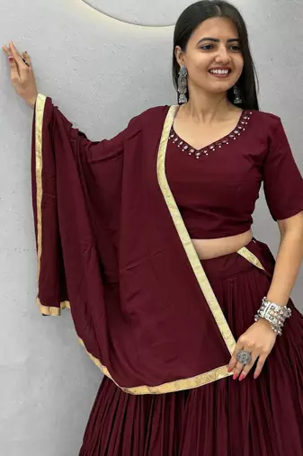 Brown Color Real Handmade Mirror Work Cotton Navratri Lahenga Choli Set
