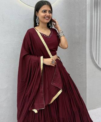 Brown Color Real Handmade Mirror Work Cotton Navratri Lahenga Choli Set 3