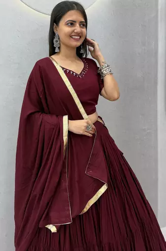 Brown Color Real Handmade Mirror Work Cotton Navratri Lahenga Choli Set