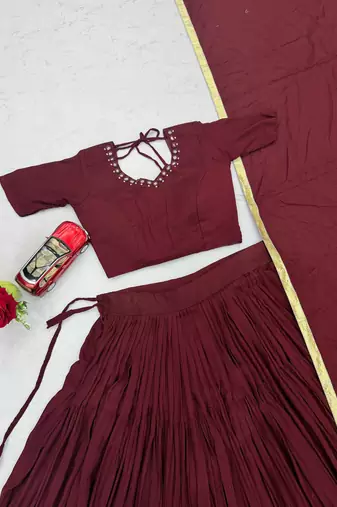Brown Color Real Handmade Mirror Work Cotton Navratri Lahenga Choli Set