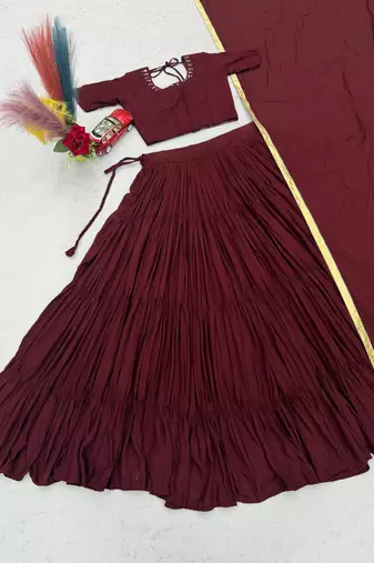 Brown Color Real Handmade Mirror Work Cotton Navratri Lahenga Choli Set