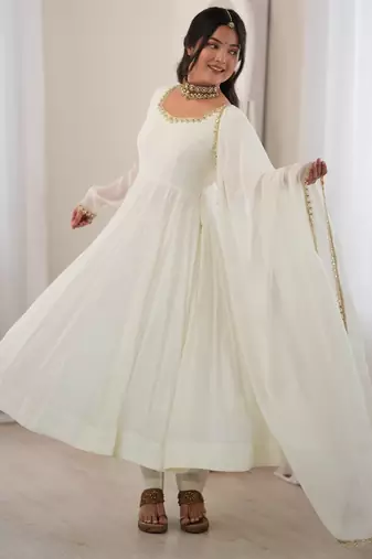 Off white  chanderi silk embroidery party wear anarkali  suit set