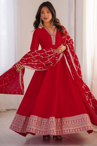 Red vichitra silk embroidery party wear anarkali  gown