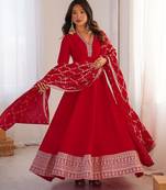 Red vichitra silk embroidery party wear anarkali  gown