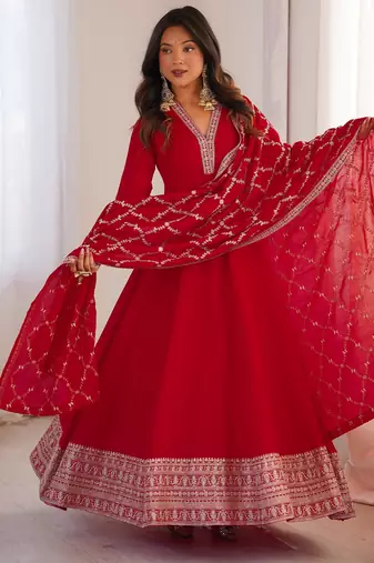 Red vichitra silk embroidery party wear anarkali  gown