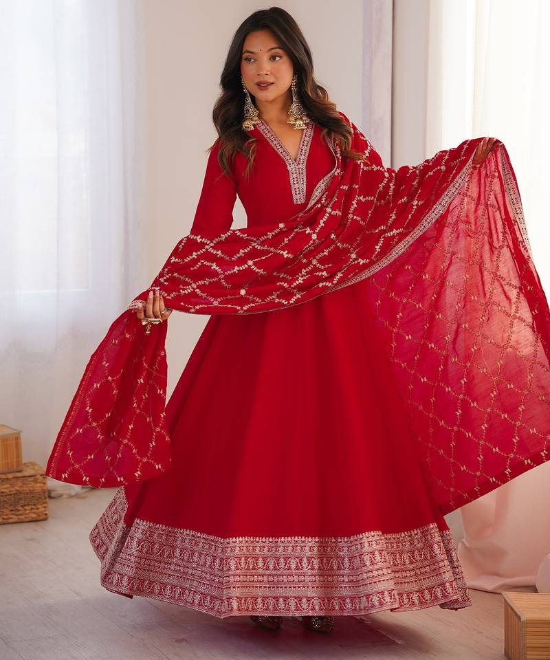 Red vichitra silk embroidery party wear anarkali  gown