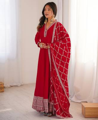 Red vichitra silk embroidery party wear anarkali  gown 3