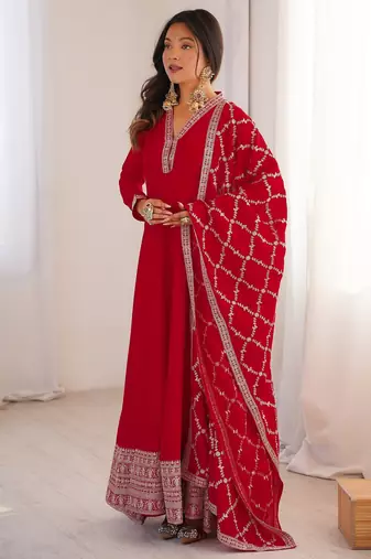 Red vichitra silk embroidery party wear anarkali  gown
