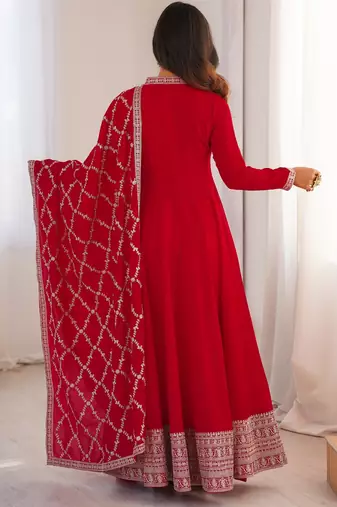 Red vichitra silk embroidery party wear anarkali  gown