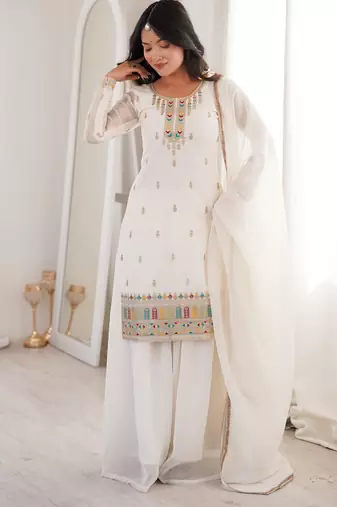 White pure soft crunshy silk embroidery sharara suit