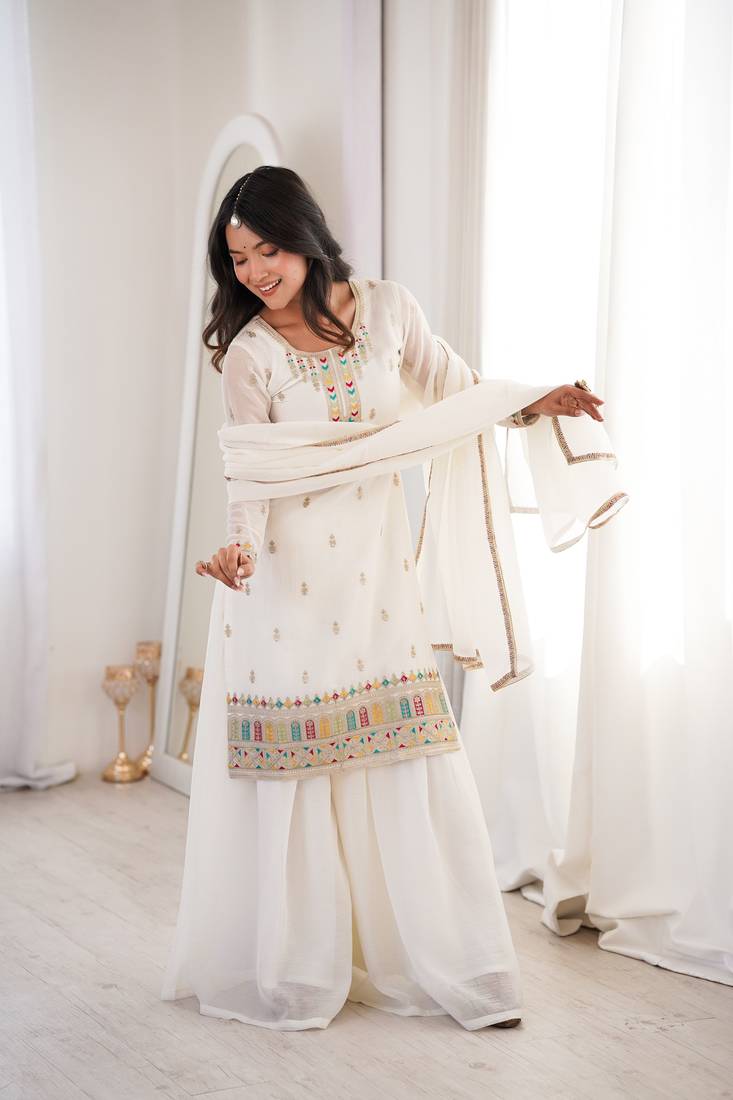 White pure soft crunshy silk embroidery sharara suit