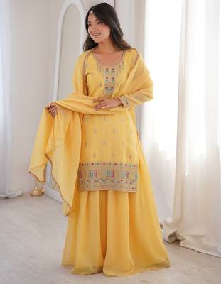Yellow pure soft crunshy silk embroidery sharara suit 1