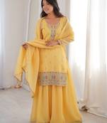 Yellow pure soft crunshy silk embroidery sharara suit
