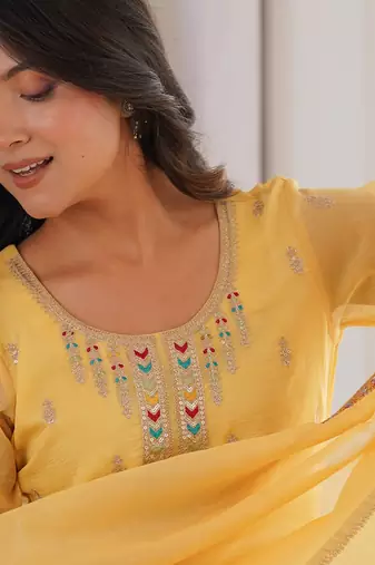 Yellow pure soft crunshy silk embroidery sharara suit