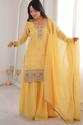 Yellow pure soft crunshy silk embroidery sharara suit