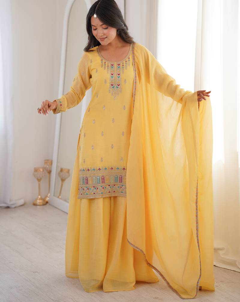 Yellow pure soft crunshy silk embroidery sharara suit