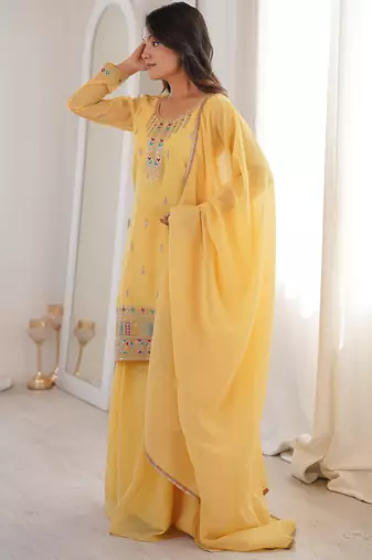 Yellow pure soft crunshy silk embroidery sharara suit