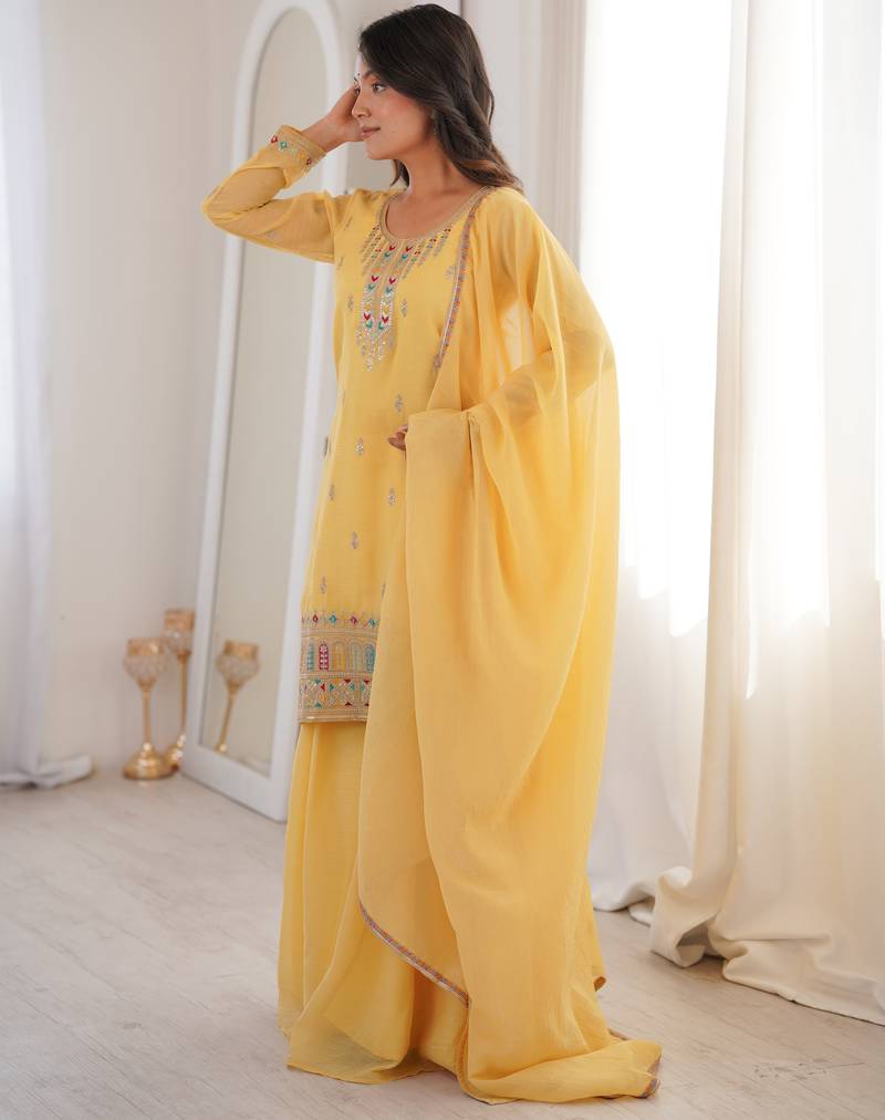 Yellow pure soft crunshy silk embroidery sharara suit