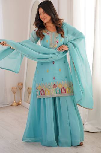 Sky blue soft crunshy silk embroidery sharara suit