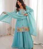 Sky blue soft crunshy silk embroidery sharara suit
