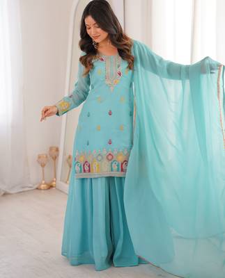Sky blue soft crunshy silk embroidery sharara suit 2