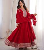 Red vichitra silk embroidery party wear anarkali  gown