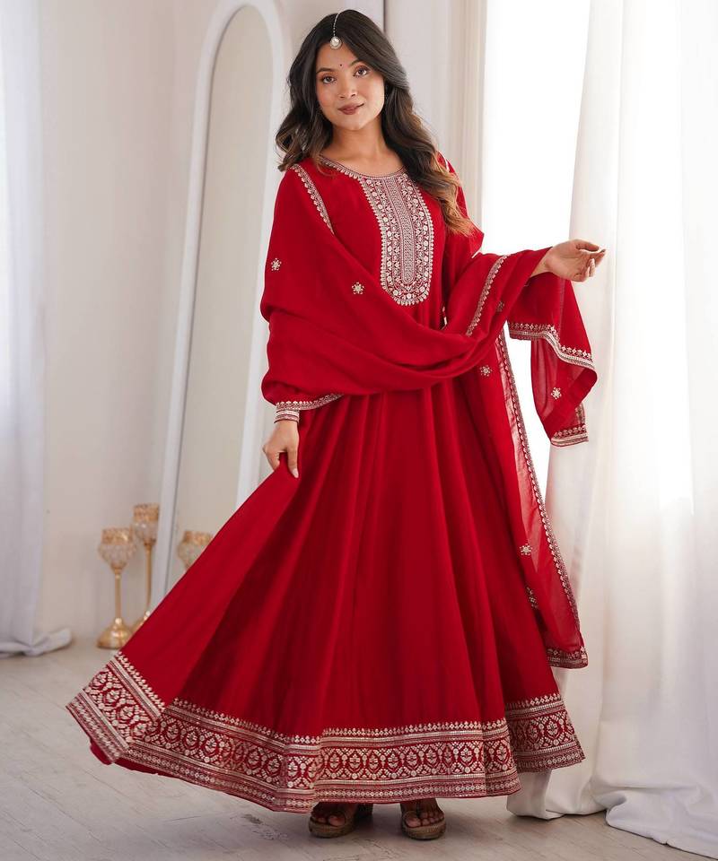 Red vichitra silk embroidery party wear anarkali  gown