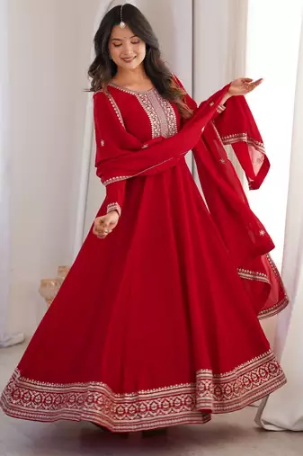 Red vichitra silk embroidery party wear anarkali  gown