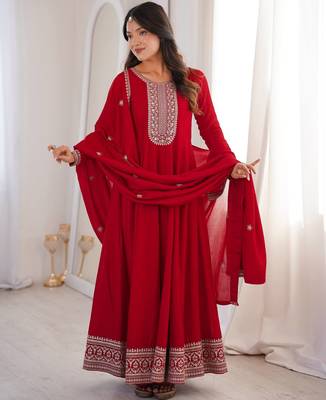 Red vichitra silk embroidery party wear anarkali  gown 3