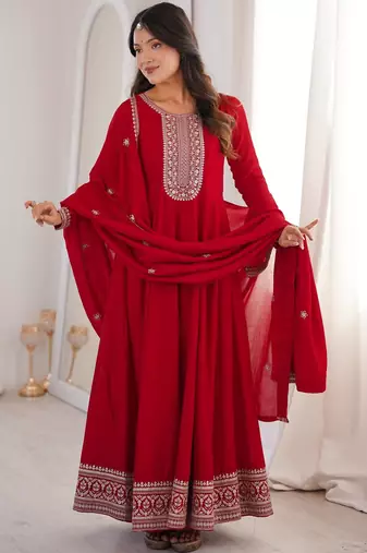 Red vichitra silk embroidery party wear anarkali  gown