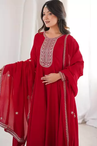 Red vichitra silk embroidery party wear anarkali  gown