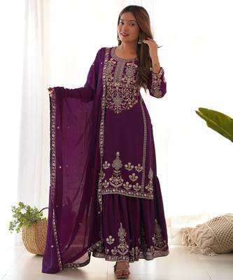 Purple chinon silk embroidery party wear sharara suit set 1