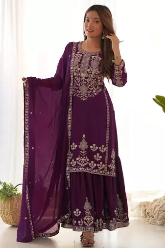 Purple chinon silk embroidery party wear sharara suit set