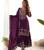 Purple chinon silk embroidery party wear sharara suit set